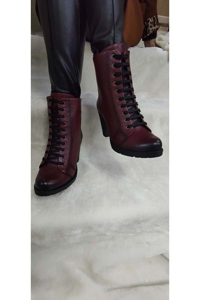 ÇİĞDEM KUNDURA Claret Red Tied Crocus Grçke Leather Women's Heeled Boots - Ldywst B5