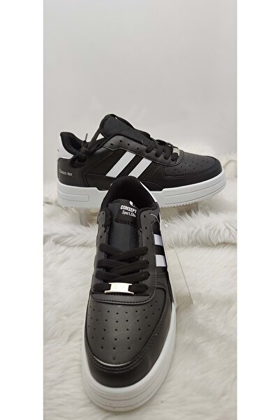 Consept Unisex Siyah Beyaz Çizgili Deri Spor Ayakkabı