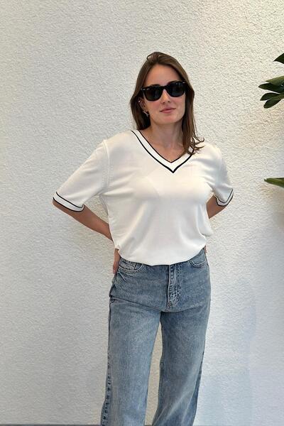 novon Premium Contrast V-Neck Short Sleeve Mercerized Knitwear (34-42 Sizes Range)