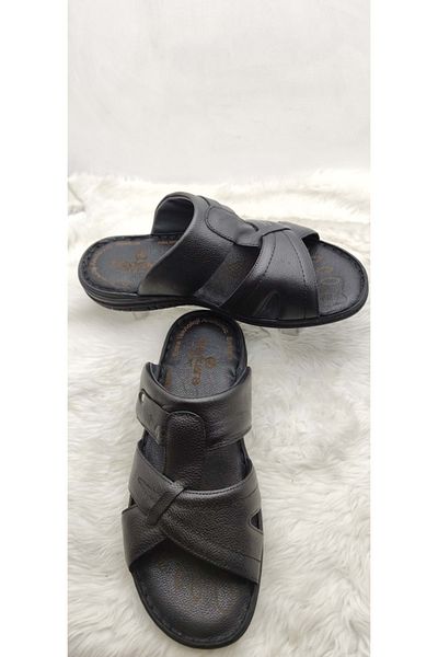 ÇİĞDEM KUNDURA Black Orthopedic Large Size Crocus Leather Slippers