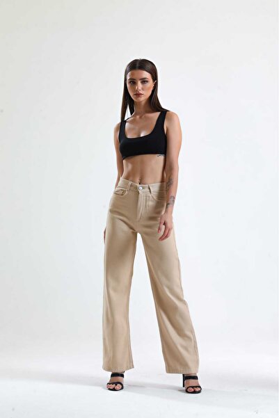 Vovikon Жіночі габардинові брюки з високою талією - широкі штанини, крій «бойфренд»