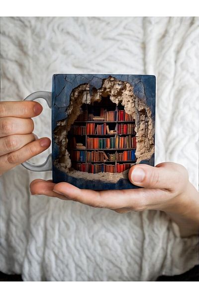 Evion Bookshelf Library Printed 3D Design Ceramic Mug - Gift Mug Cup