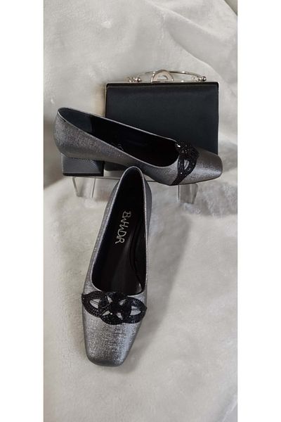 ÇİĞDEM KUNDURA Anthracite Gray Stone Detailed Thick Heel Crochet Women's Shoes - Bhdr A5A