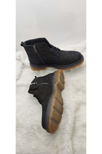 ÇİĞDEM KUNDURA Çiğdem Black Real Nubuck Leather Side Zippered, Tied Sports Model Boots (2207)