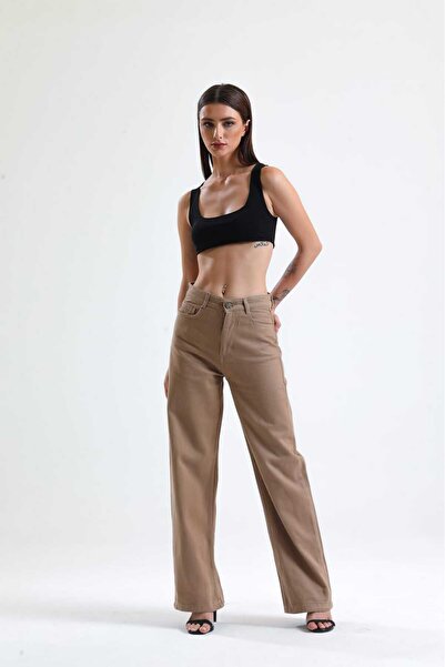 Vovikon Жіночі габардинові брюки з високою талією - широкі штанини, крій «бой...