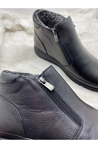 ÇİĞDEM KUNDURA Çiğdem Μαύρα μποτάκια από γνήσιο δέρμα με διπλό φερμουάρ στο πλάι με γούνα μέσα (gamze 720)