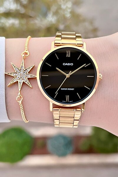Casio Kadranı Siyah Kordonu Altın Renk 24 Ay Garantili Kadın Kol Saati