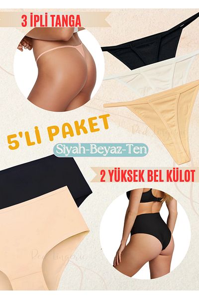 red iç giyim High Waist Suspender Cotton Thong Panties 5 Pack - Lycra, Soft, Stretchy