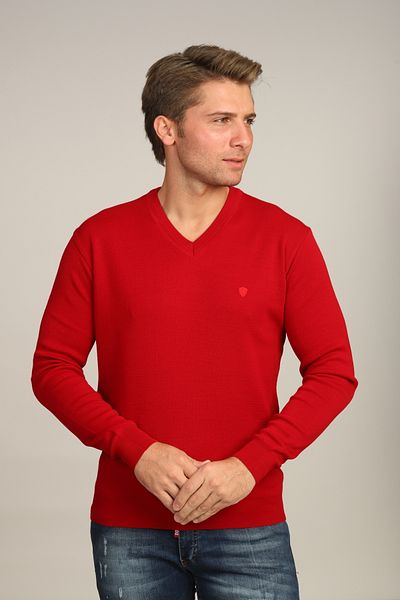 Mavi Soles Men's Red Regular Fit Plain V-Neck Knitwear Sweater