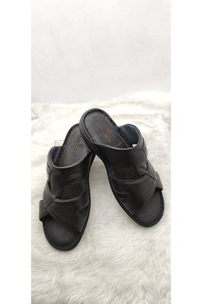 ÇİĞDEM KUNDURA Black Orthopedic Large Size Crocus Leather Slippers