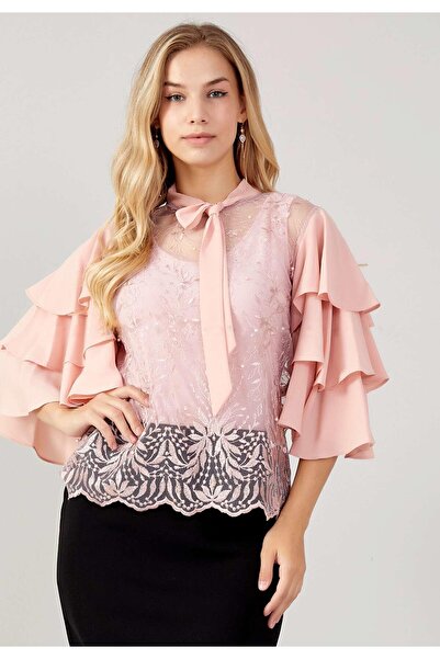 MİSS DİAMOND Short Sleeve Scarf Detailed Lace Powder Double Blouse
