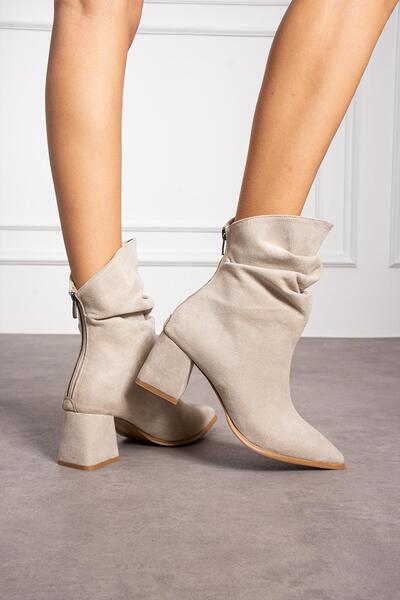 ShoeTek Γυναικείες μπότες Beige Suede Nutty - Χοντρό τακούνι και φερμουάρ στην πλάτη