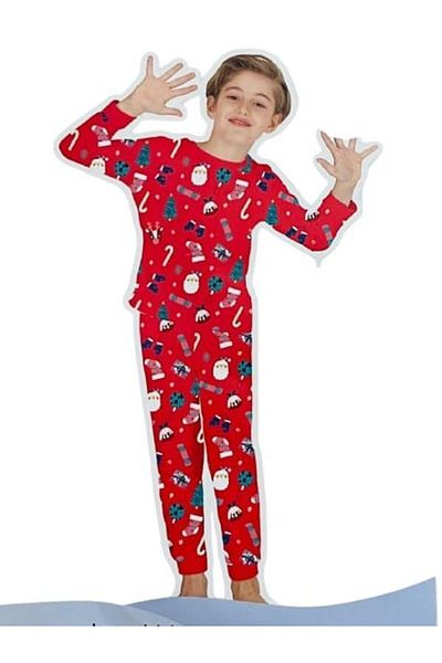 elmas kids Boy's 100% Cotton Crew Neck Red New Year Themed Long Sleeve Pajamas Set