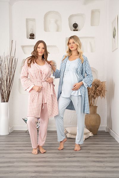 LOHOUSE Set de pijamale pentru femei cu dantela in carouri albastre - Set de 3 piese pentru maternitate cu halat