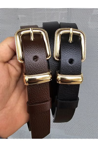Kemerix 100% Genuine Leather Gold Buckle Women's Black-Bitter Brown 2-Piece Belt Set