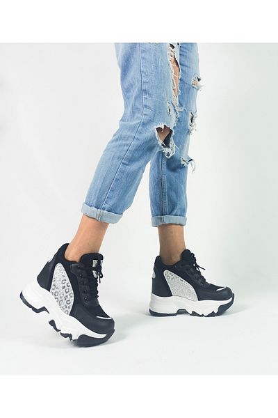 GDT Ayakkabı Black Color Silver Patterned Skin Hidden Wedge Heel Women's Sneakers