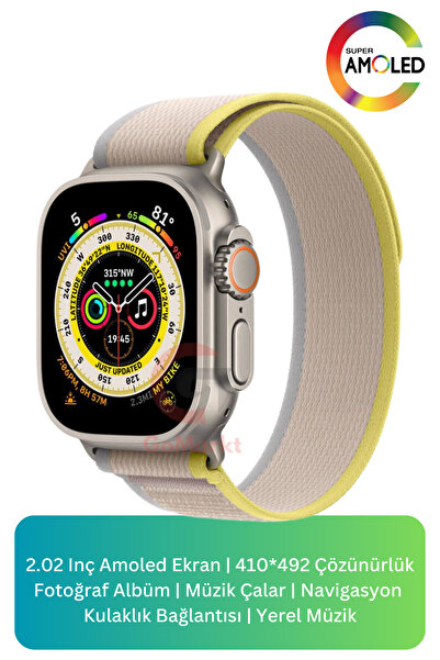 GoMarkt HK10 Ultra 3 49mm Akıllı Saat Gümüş Kasa Mavi Bez Kordon Ekstra Kordon Hediyeli