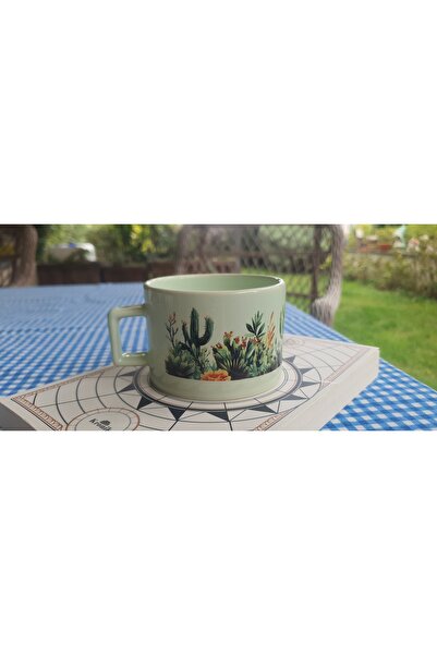 Clicksy Mint Yeşili Kaktüs Desenli Seramik Kupa - Bitki Temalı Şık Tasarım