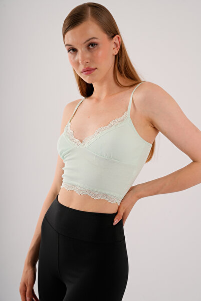 Fanwet Women's Green Crop Strap Lace Bustier Blouse with Removable Pads