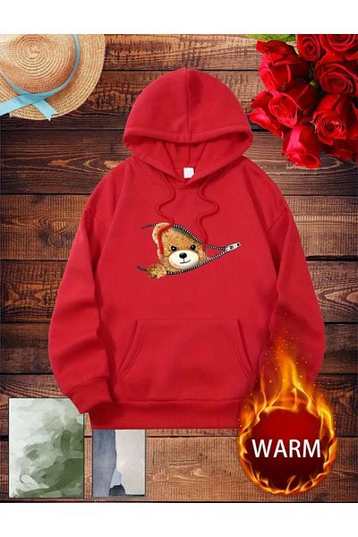 caddekombin Zipper Patterned Cat Hooded Oversize Sweatshirt