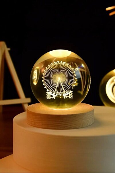 adaura Renk Değiştiren Led Işıklı Cam Küre Ahşap Dönme Dolap Dolunay Lamba Kr...