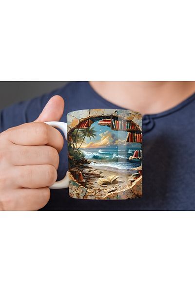 Evion Bookshelf Library Printed 3D Design Ceramic Mug - Gift Mug Cup