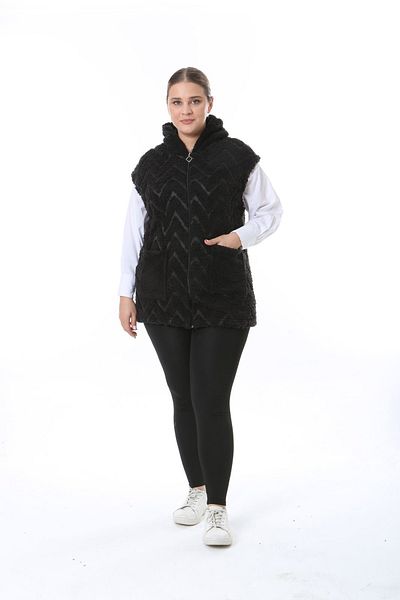 xlargebutik Large Size Clothing Fully Zickzac Woven Plush Fleece Vest Black Warm Softweat Vest