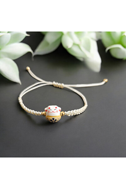 BYDC Maneki Neko Şans Kedisi Seramik Örgülü Ayarlanabilir Şans Bilekliği Lucky Cat(MARTENİÇKA HEDİYELİ)