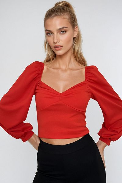 Trend Alaçatı Stili Rote Kiss-Kragen-Prinzessin-Ärmel-Strickbluse für Damen ALC-X12963