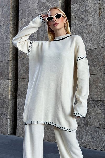 Trend Alaçatı Stili Ecru Knitwear Tunic and Palazzo Trousers Set - Crew Neck, Shepherd Stitch Detailed Alc-X12845