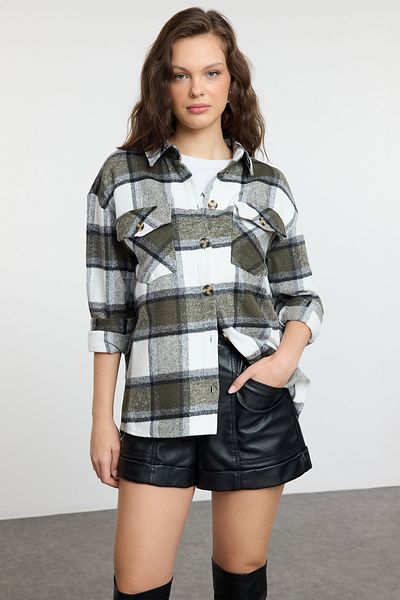 Trendyol Collection Koszula flanelowa w kratę khaki oversize - TWOAW21GO0273