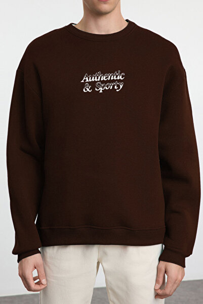 Trendyol Collection Tmavě hnědá vyšívaná oversize fleecová mikina - Tmnaw25Sw00012