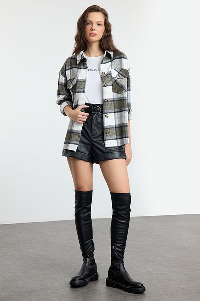 Trendyol Collection Koszula flanelowa w kratę khaki oversize - TWOAW21GO0273