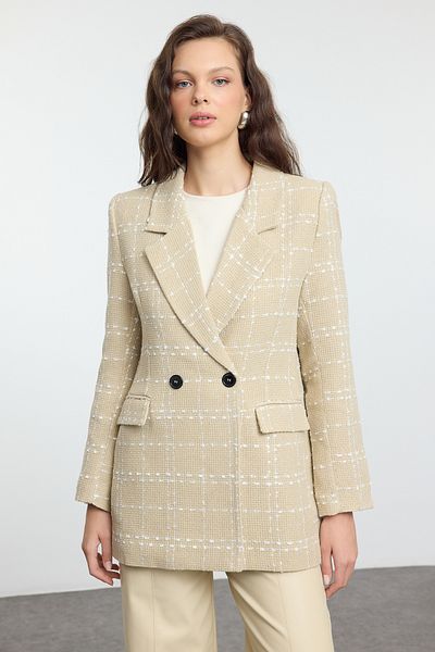 Trendyol Collection Túlméretes bézs tweed blézerkabát - TWOAW21CE0105