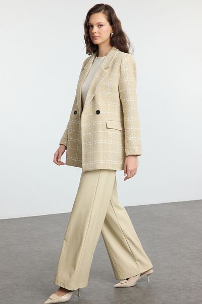 Trendyol Collection Túlméretes bézs tweed blézerkabát - TWOAW21CE0105
