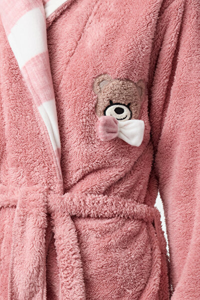 Trendyol Collection Wellsoft Winter Knitted Dressing Gown - Dried Rose, Belted, Embroidered and Plaid Detailed Thmaw25Sb00009