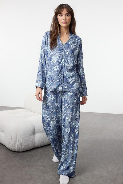 Trendyol Collection Blue-Multicolor Floral Viscose Woven Pajamas Set Thmaw25Pt00185