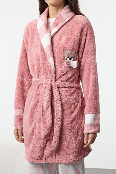 Trendyol Collection Wellsoft Winter Knitted Dressing Gown - Dried Rose, Belted, Embroidered and Plaid Detailed Thmaw25Sb00009