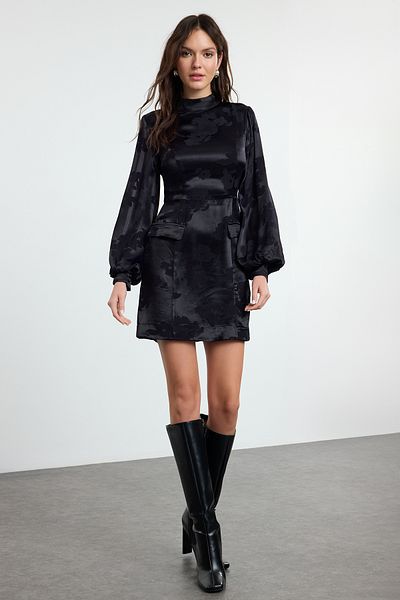 Trendyol Collection Μαύρο Μίνι υφαντό φόρεμα σε γραμμή Α ζώων TWOAW25EL00475
