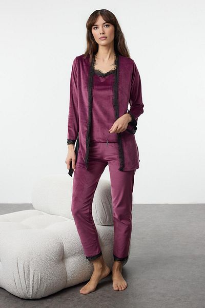 Trendyol Collection 3dílná sada švestkového pyžama s páskem a krajkou, provazový popruh Velvet Thmaw25Pt00216