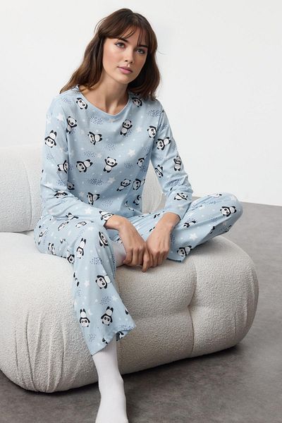 Trendyol Collection Set pijamale tricotate cu model panda 100% bumbac albastru THMAW25PT00210