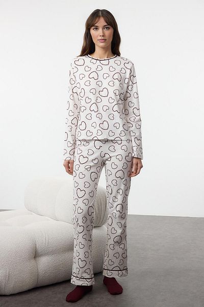 Trendyol Collection Colorful White 100% Cotton Heart Piping Pajamas Set - Thmaw25Pt00191