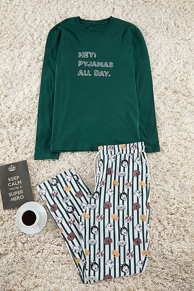 Trendyol Collection Emerald Green Regular Fit Σετ πιτζάμες με στάμπα - 100% βαμβάκι TMNAW22PT1313