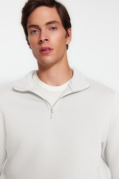 Trendyol Collection Fleecová mikina Ecru Stand Collar na zip – Regular Fit Tmnaw24Sw00041