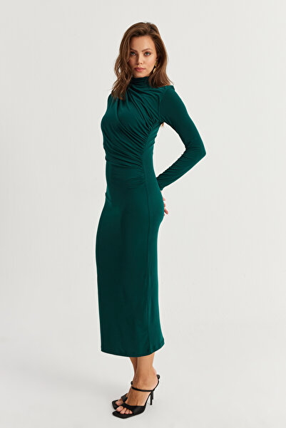 Cool & Sexy Kadın Zümrüt Yeşil Drape Maxi Elbise DMR377