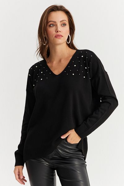 Cool & Sexy Damska czarna bluzka z dekoltem w serek i biżuterią, cienka dzianinowa Yi̇l002