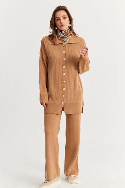 Cool & Sexy Camel Women's Cardigan and Knitwear Set - Pearl Buttoned Nuv26
