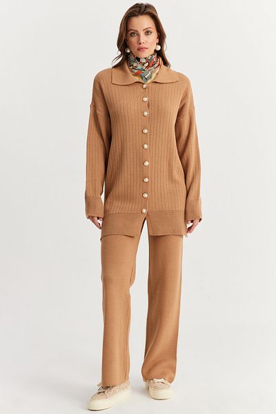Cool & Sexy Camel Women's Cardigan and Knitwear Set - Pearl Buttoned Nuv26