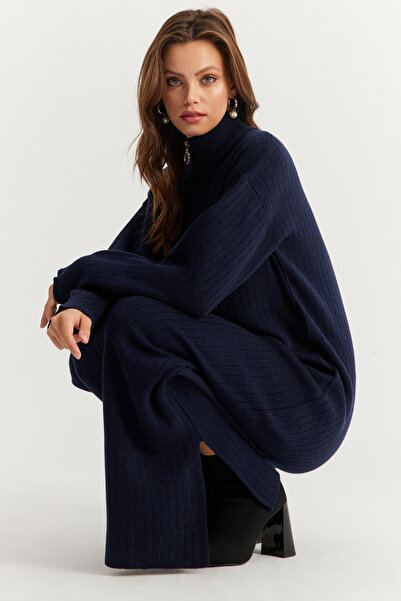 Cool & Sexy فستان نسائي طويل محبوك بسحاب باللون الأزرق الداكن - NUV10