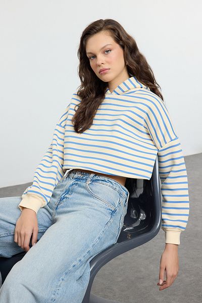 Trendyol Collection Hanorac tricotat cu glugă cu dungi albastre, cu potrivire normală/normale TWOAW25SW00289